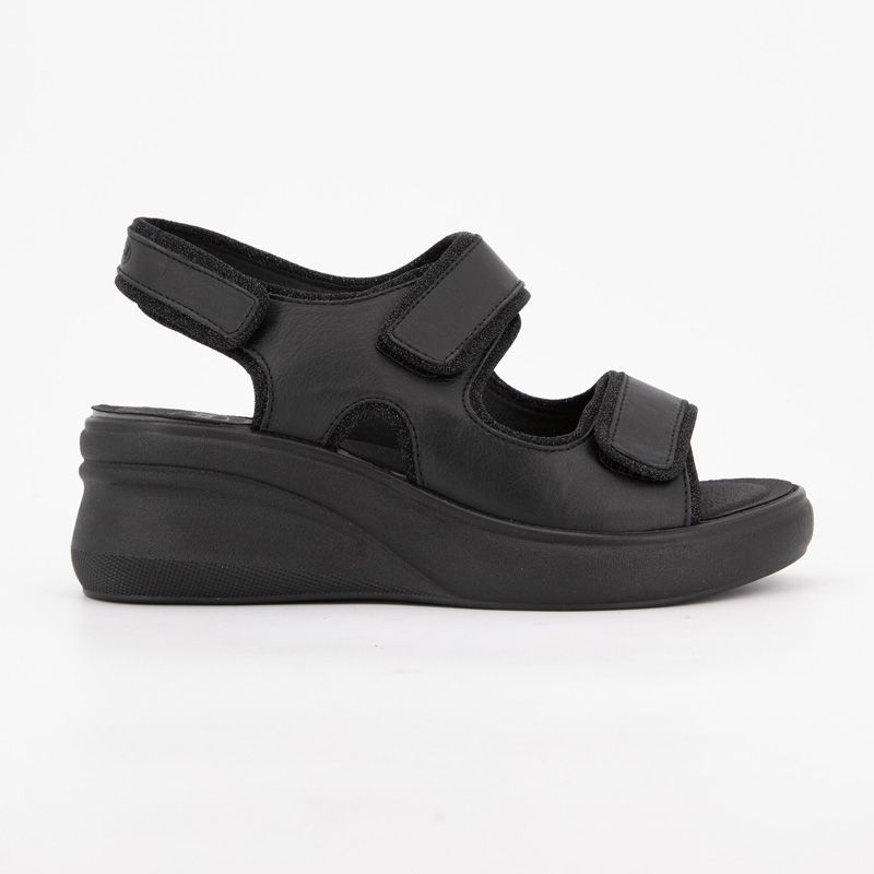 Women's SCHOLL Giuly Black Leather Wedge Sandals with Two Velcro Straps