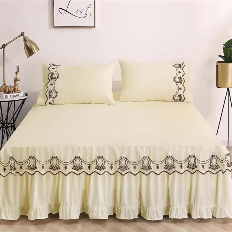 3pcs Bed Skirt Bedspread Pillowcase Ruffle Lace Anti Slip 1.8x2.0m Bed Cover Solid Colour Lace Mattress Dust Bedding Cover