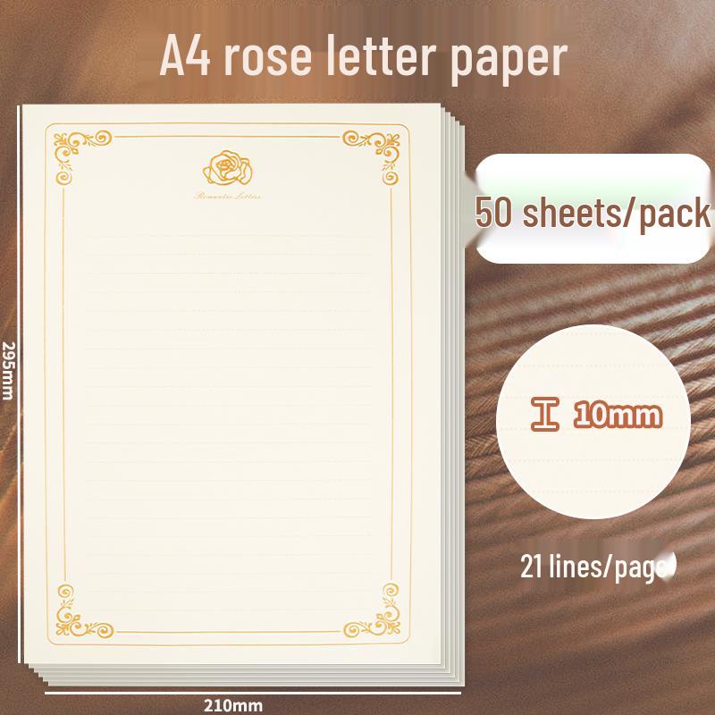 Retro Lined A4 Kraft Paper - Handwritten Love Letter for Boyfriend/Girlfriend - Chinese Style with Single Rose Design