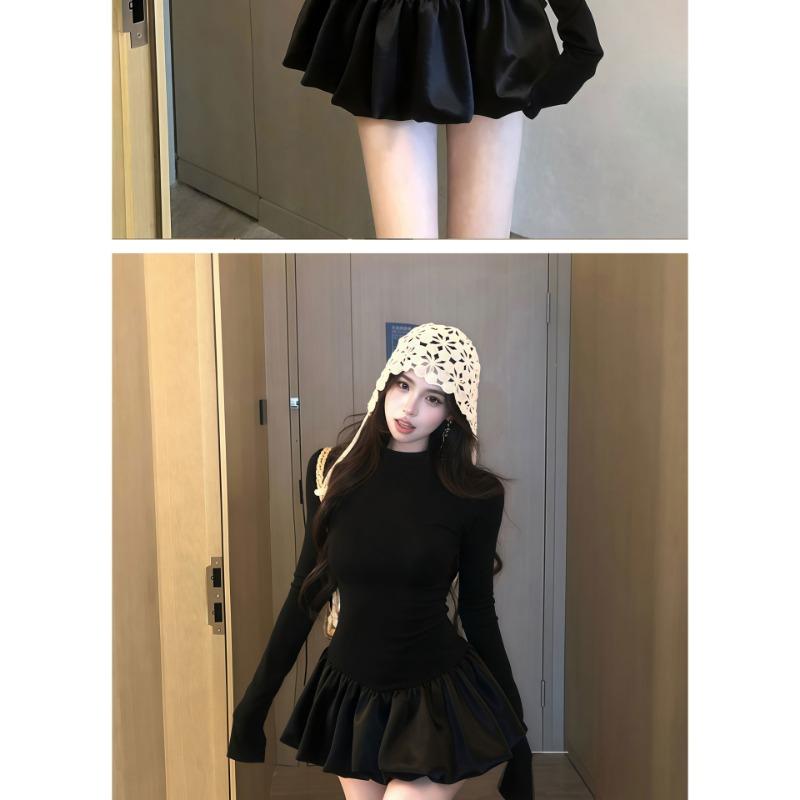 Women Sweet Cool Slim Fitted High Waist Long Sleeve Puffy Short Dress