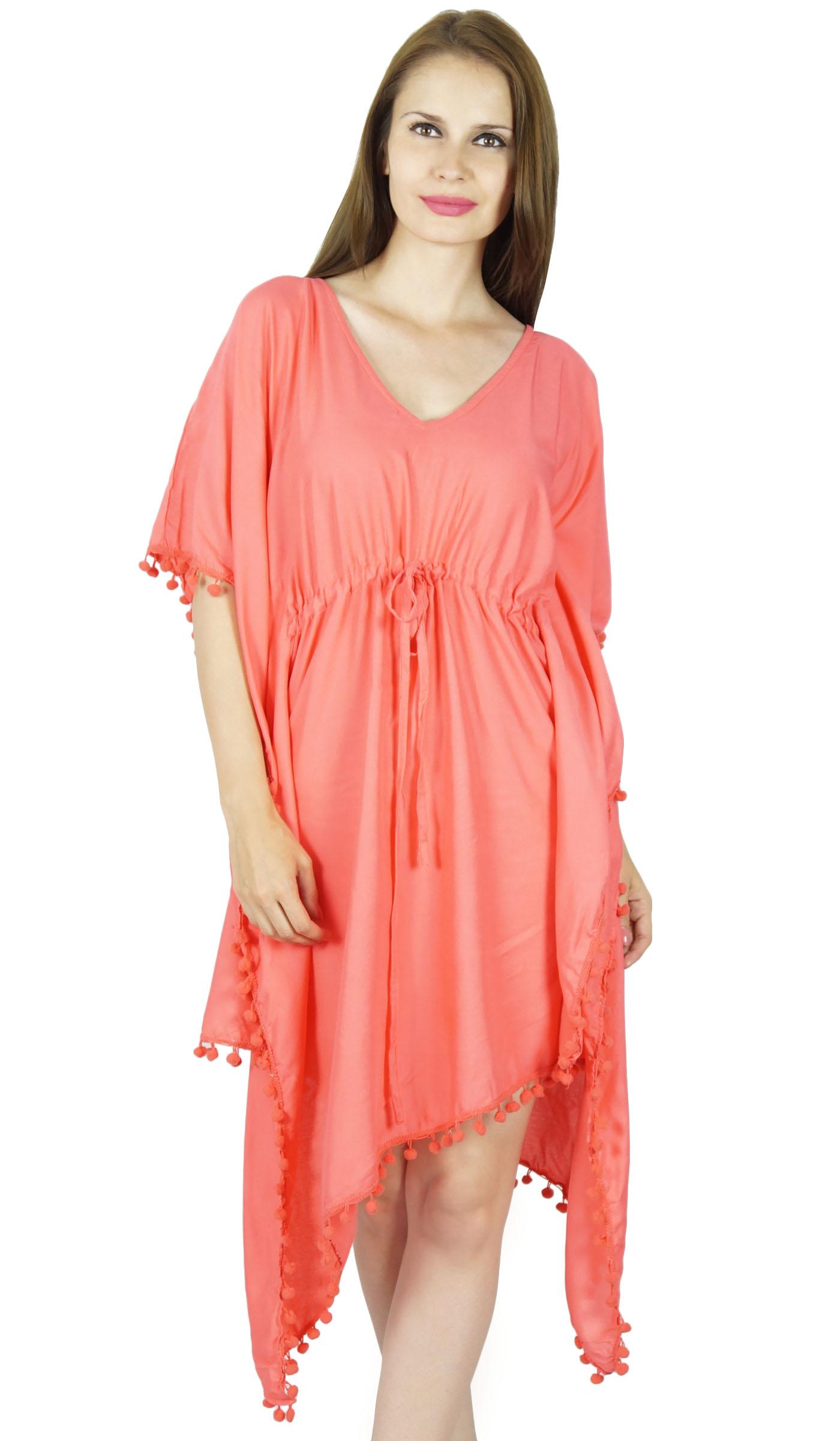 

Bimba Жіночий асиметричний бавовняний кафтан, персиковий віскозний кафтан із пляжним помпоном 6 персиковий