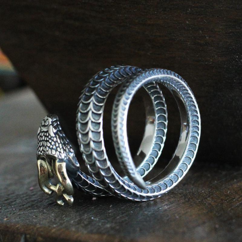 Snake Ring Male Dragon Snake Ring with Horns Live Mouth Multi-circle Ring Adjustable Retro Ethnic Style Zodiac