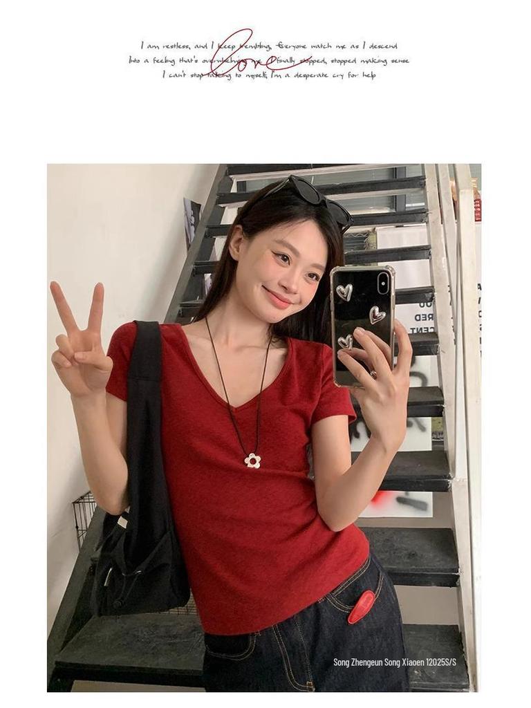 Dopamine Red V-Neck Straight-Shoulder Slim Women’s T-Shirt - Summer 2025: Sweet & Spicy Style