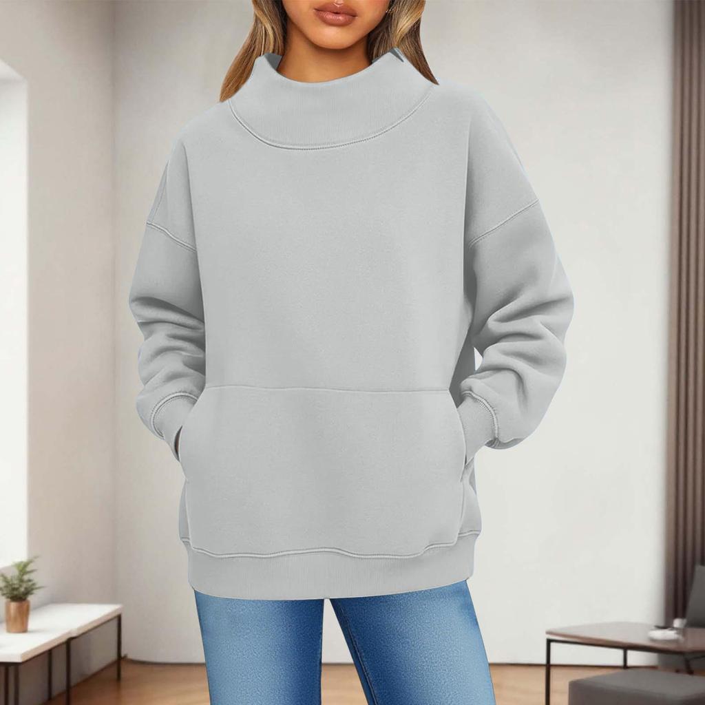 Damen Modisch Lässig Einfarbig Rundhals Langarm Tasche Sportlich Lässig Pullover Sweatshirt Top