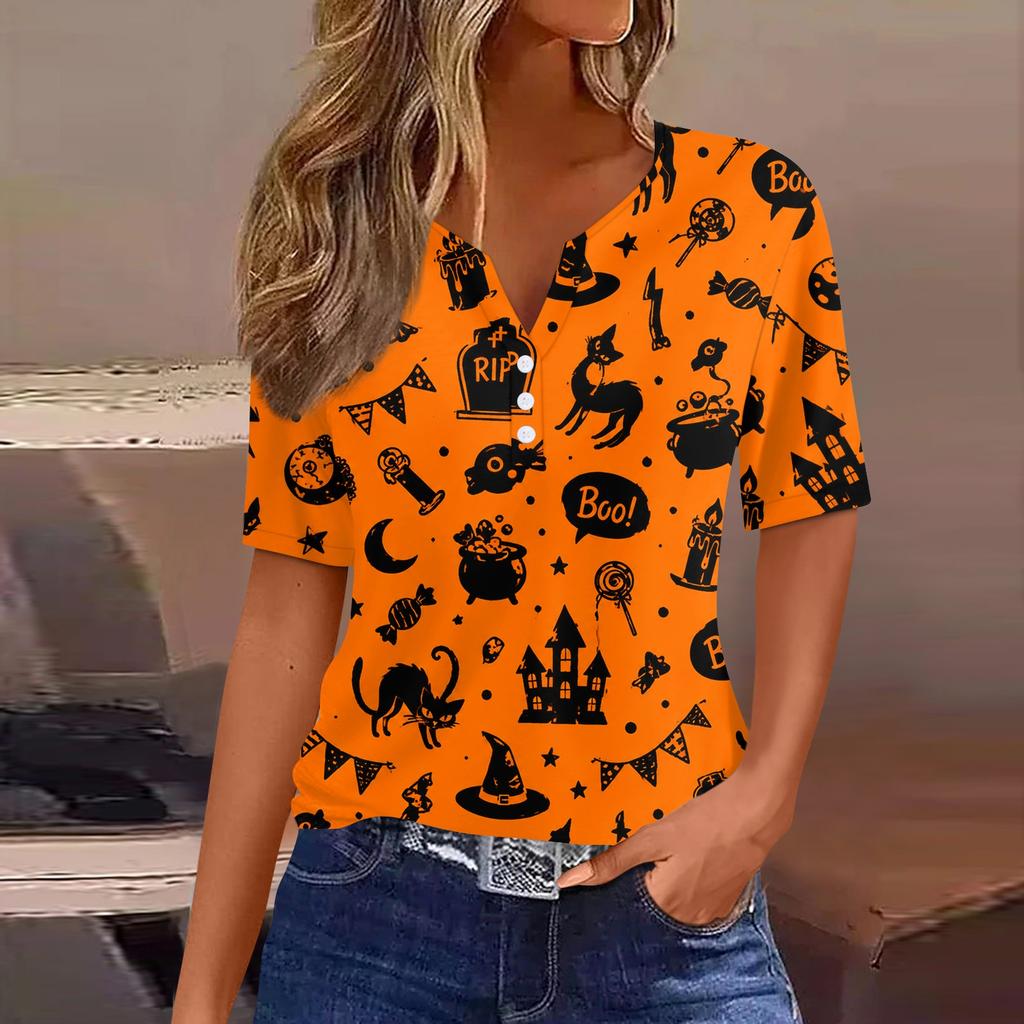 Women's Casual Halloween Print V Neck Short Sleeve Button Down T Shirt Top Lightweight Comfortable Fit