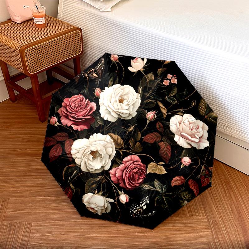 

1 шт. Автоматический складной зонт - Узор «Розы и бабочки», Портативная и складная конструкция с 8 спицами, Рождественские и новогодние подарки разноцветный