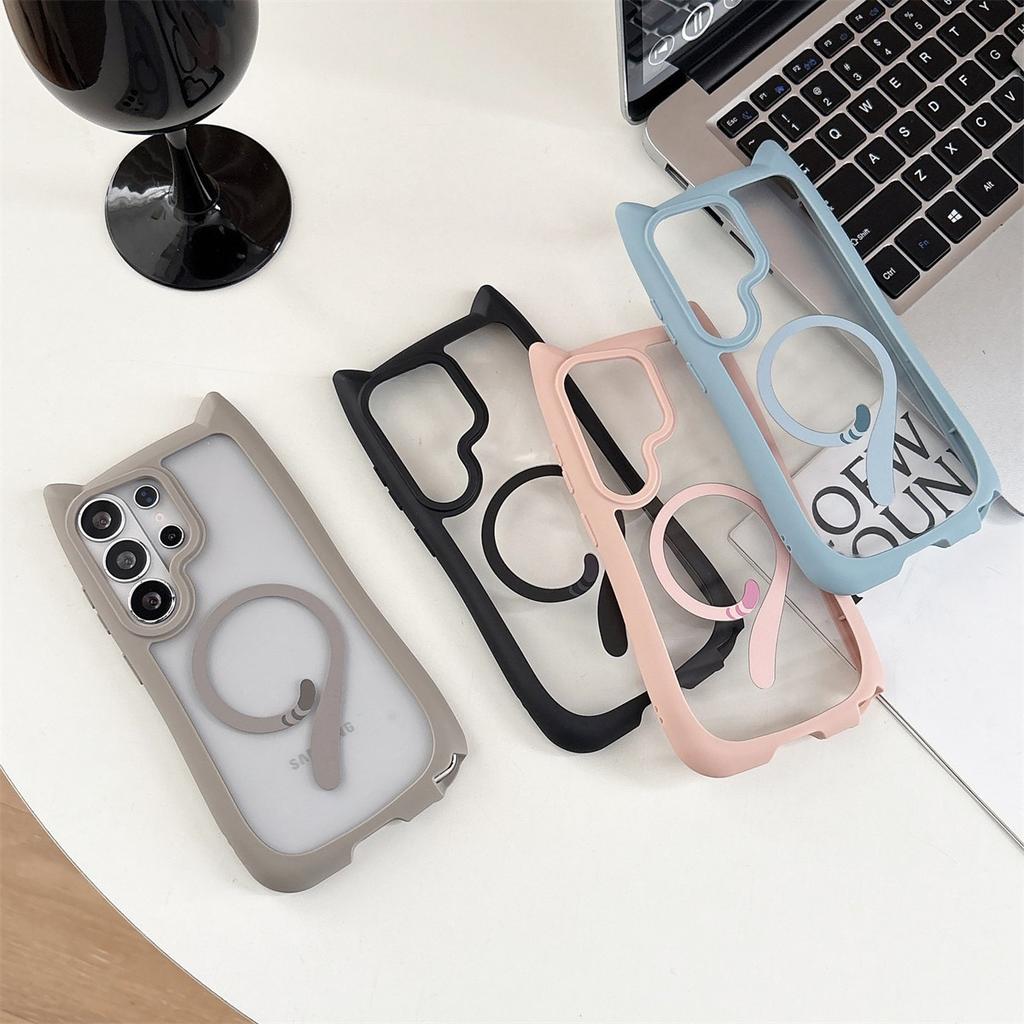 Ins Cute Cat Ear for Case For Samsung Galaxy S26 S2 S24 S23 Ultra Plus Magnetic Wireless Charge Shockproof Cover