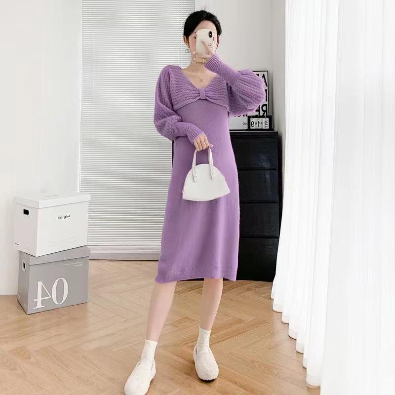 

Осенне-зимний бант шаль с длинным рукавом чистое желание стройное и тонкое платье на бретелях вязаный костюм женский one size fits all