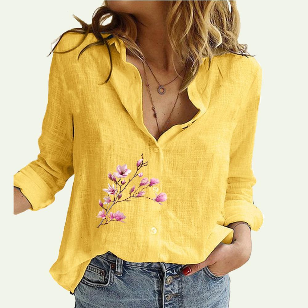 

Женская рубашка с цветочным принтом, летние и осенние повседневные льняные топы на пуговицах, женские модные блузки с длинными рукавами 5XL жёлтый