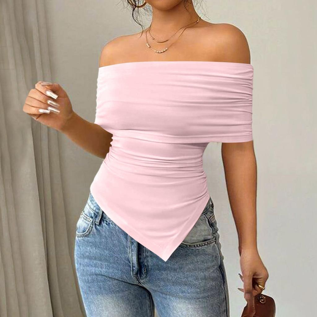 Women's Fashionable And Versatile Color Strapless Off-shoulder Irregular T-shirt Top