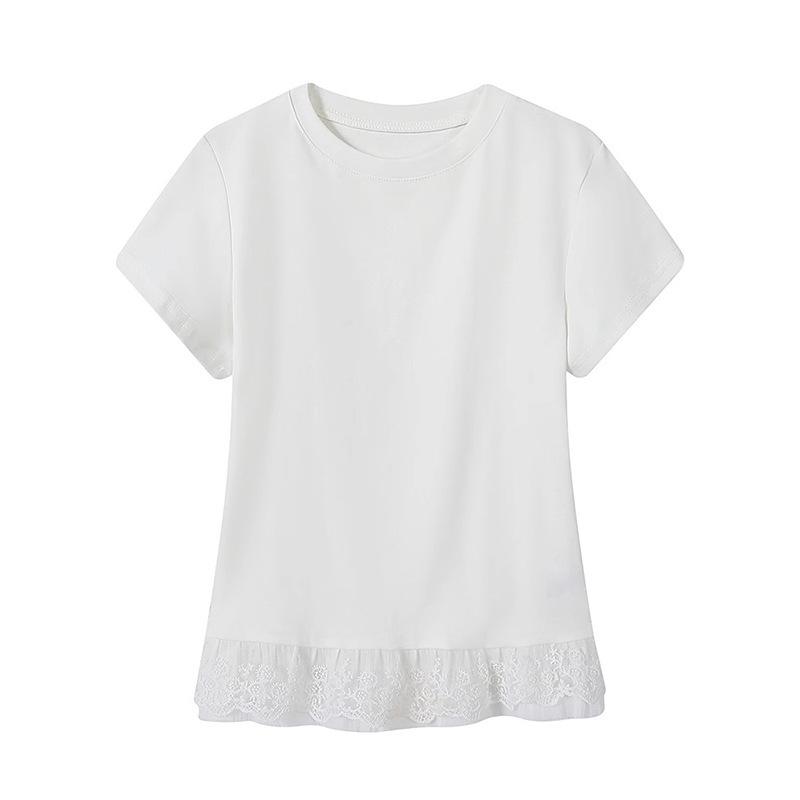 Pure Lace Hem Round Neck Short-sleeved T-shirt Women's Summer New Slim and Thin Student Tops Trendy