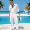 Men's Linen Two Piece Set Long Sleeve Shirt and Relaxed Pants Minimal Holiday Casual Outfit