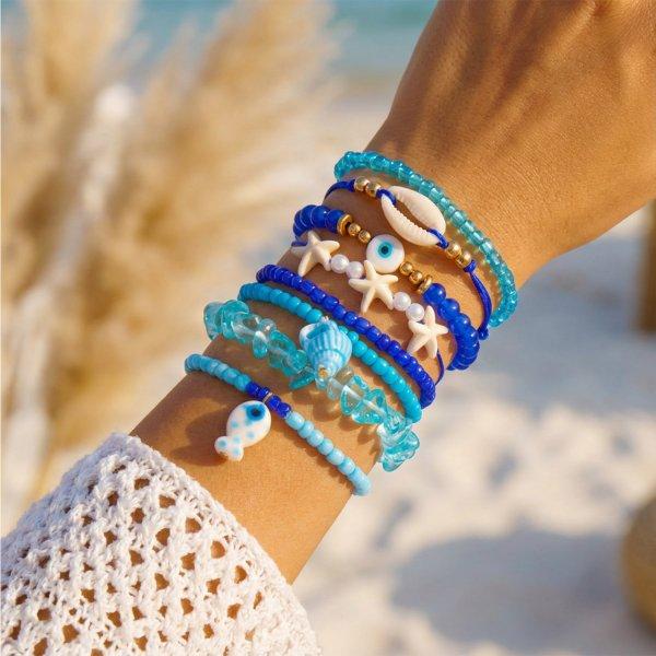 Boho-Mehrlagen-Perlenarmband-Set für Damen Sommer Ozean Strand Seestern Muschel Anhänger Elastische Armreifen Urlaubs Schmuck