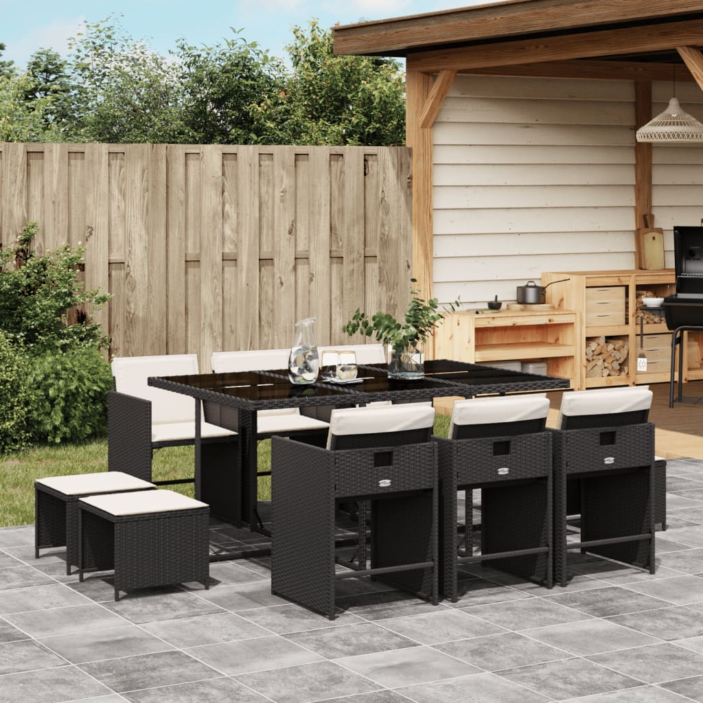 Vidaxl 11-Cz. Garden Furniture Set, With Cushions, Black PE Rattan