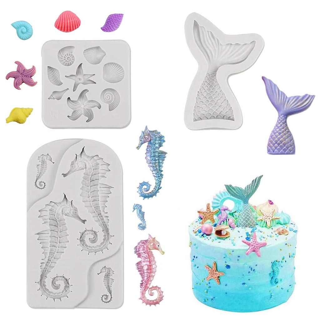 Mermaid Theme Cake Fondant Mold 3pcs Mermaid Tail Under the Sea Silicone Baking Mold forChocolate Candy Cake Decoration