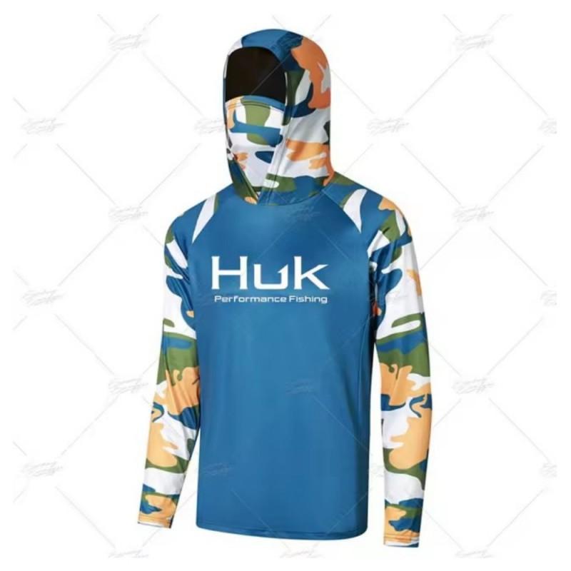 

HUK Fishing Hooded Shirt Mask Anti-ultraviolet Collar Suit Men s Long-sleeved Breathable Quick-drying T-shirt M