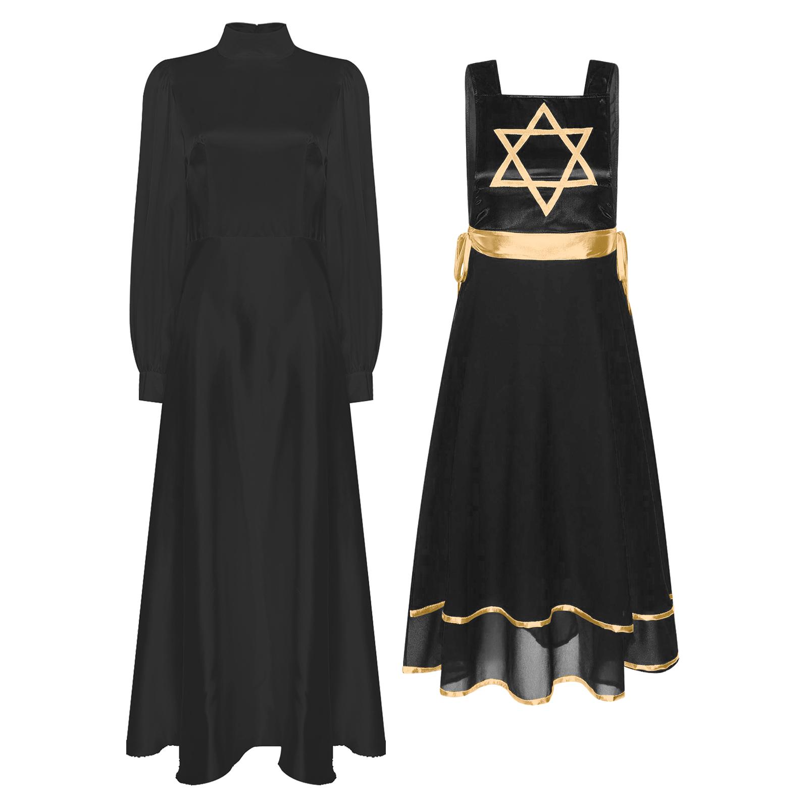 

Женское платье-туника для литургических танцев с воротником-стойкой, длинными рукавами-фонариками, расклешенным атласным подолом, с металлическими пэчворками и шнуровкой по бокам S чёрный