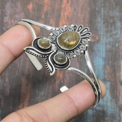 Labradorite Gemstone Handmade  Solid 925 Sterling Silver Cuff Bangle Adjustable For Women
