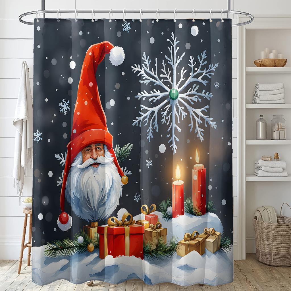 1 Piece of Red Hat Santa Claus Print with Plastic Hook Shower Curtain, Winter Christmas Bathroom Partition Curtain
