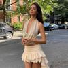 Women's Solid Color Halter Crop Top & Low Waist Ruffle Maxi Skirt Set, Two Piece Party Outfit