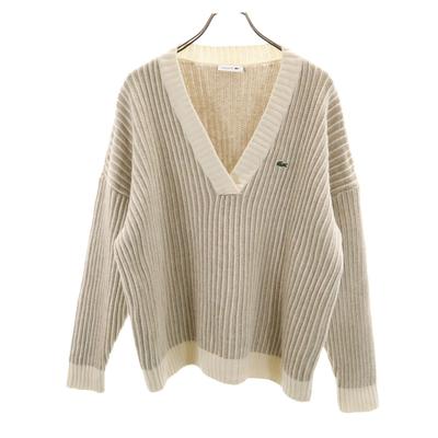 Long Sleeve V Neck Knit L Beige Sweater Women Used