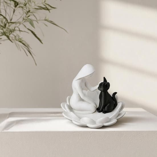 Human-Cat Interaction Shape Ornament, with Stable Non-Slip Lotus Base, Black And White Contrast Design, Ornament for Cat Lovers