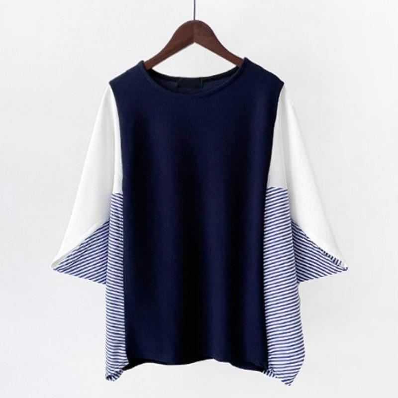 Yaz Kadın Bol Büyük Beden Kısa Kollu Üst Yuvarlak Yaka Renk Bloklu Yarasa Kollu Tişört