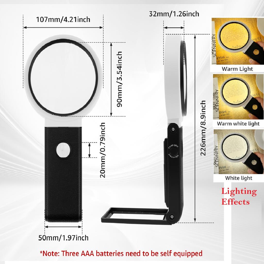 10X 25X/30X Foldable Hand/Standing Magnifier Dimmable 3 Color LED Portable Magnifying Glass for Reading Repairing Sewing Drawing