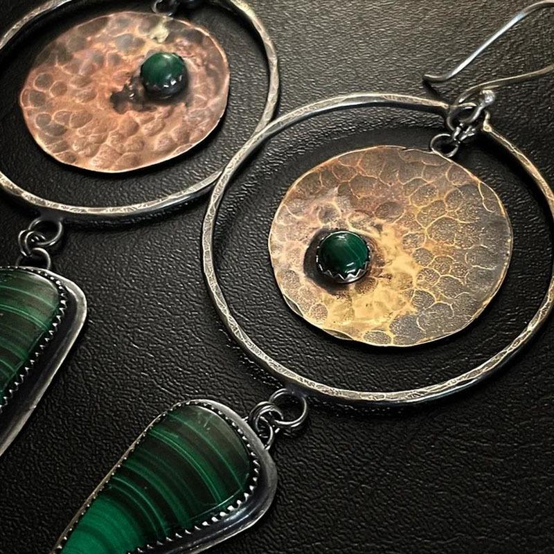 Vintage Copper Color Round Waterdrop Green Stone Hollow Carving Dangle Earrings for Women Jewelry
