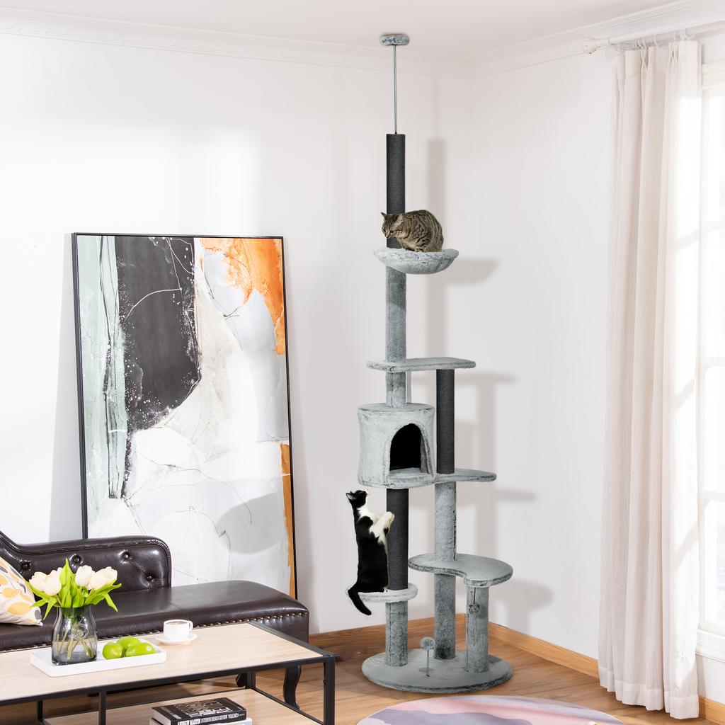 255cm Floor To Ceiling Cat Tree with Scratching Posts, Height Adjustable Cat Tower with Hammock, House, Anti-tipping Kit, Perches, Toys, Grey