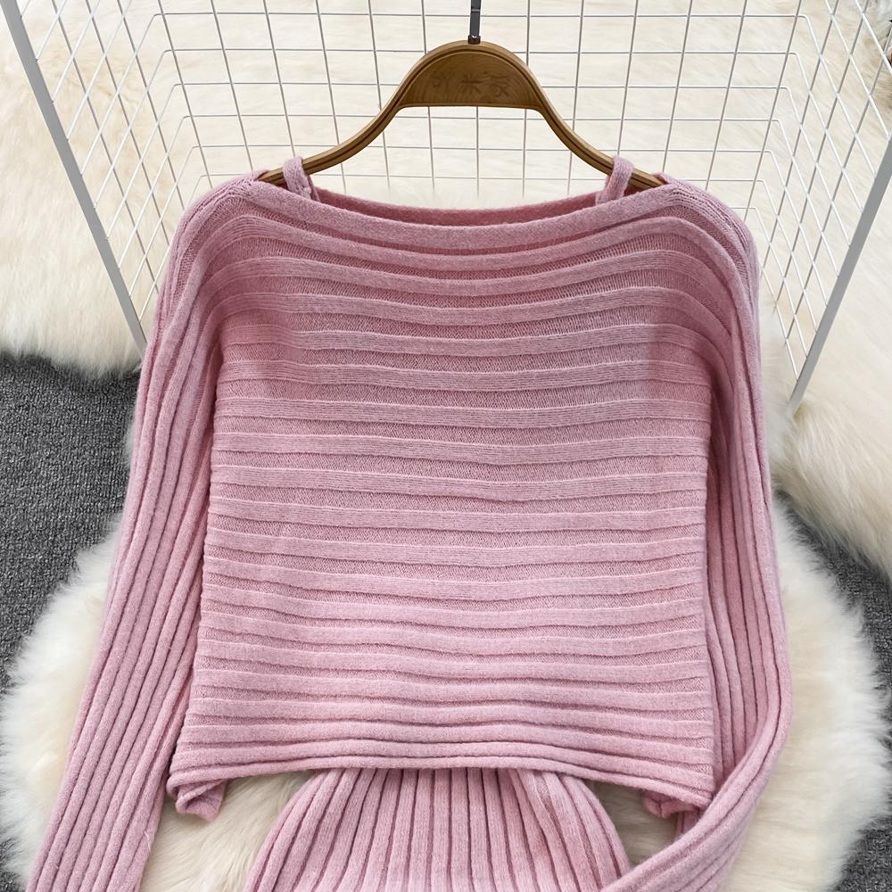 Lazy Style Dlouhý rukáv Kulatý výstřih Volný úpletový top + Dvoudílná souprava vesty s výstřihem do V