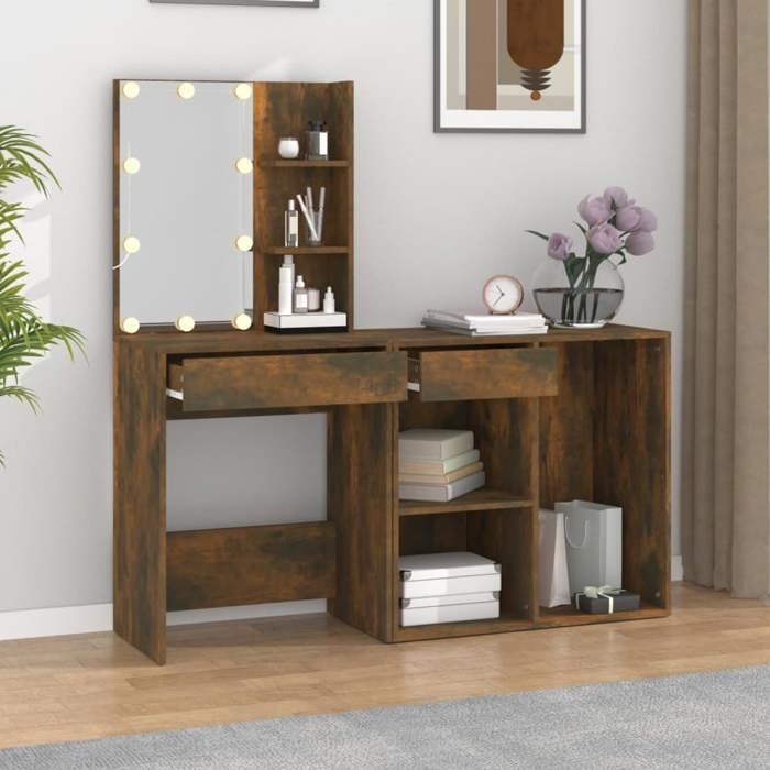 VidaXL Coiffeuse à LED avec Armoire Table de Coiffeuse Table de Maquillage Meuble de Chambre à Coucher Intérieur Chêne Fumé 3120185