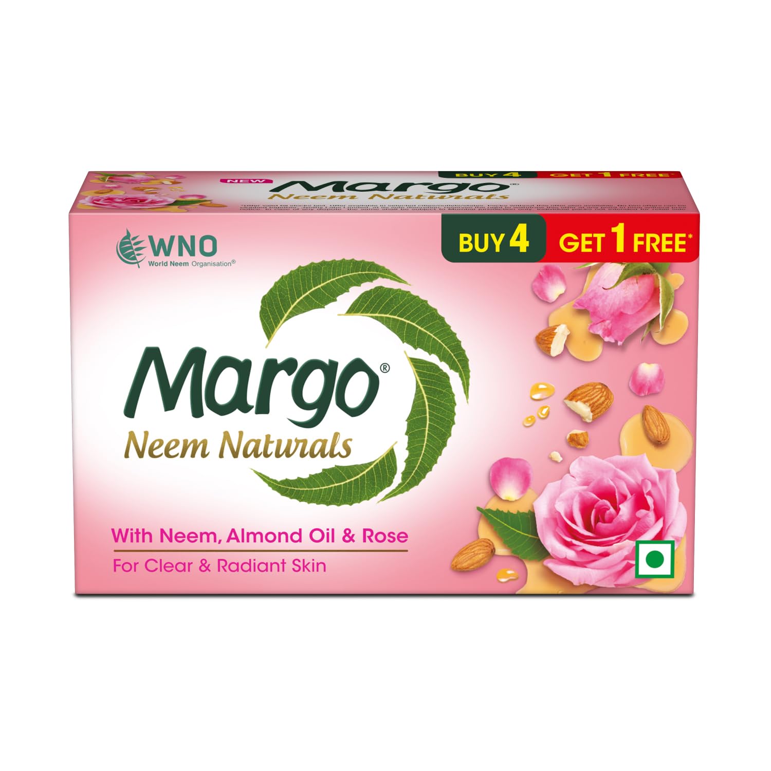 

Margo Neem Naturals Soap With Almond Oil & Rose For Clear Radiant Skin (100gm X 5) Pack of 1| Deep Cleansing & Moisturizing Bath Bar