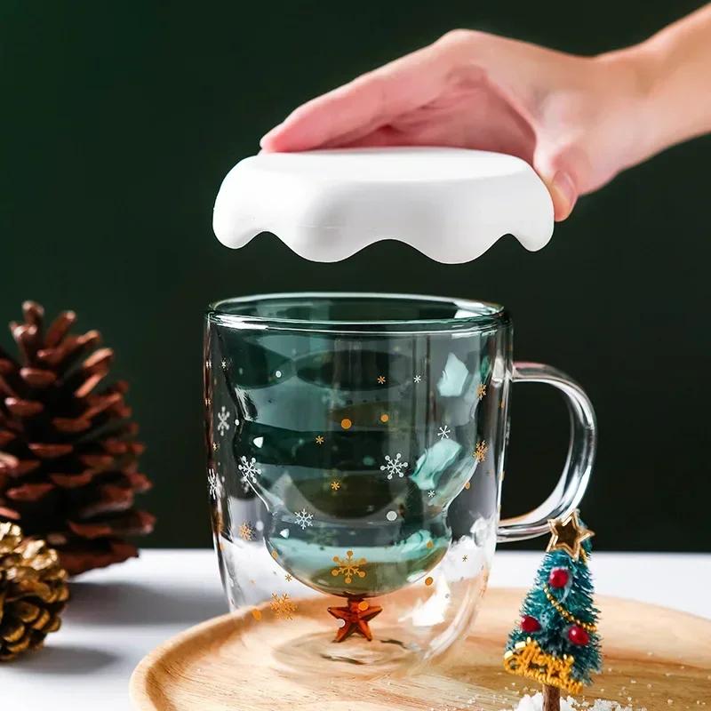 Double Layer Glass Cup Creative Christmas Coffee Milk Mug Anti-Scalding Christmas Star Cups Juice Coffee Mug Party Xmas Gifts