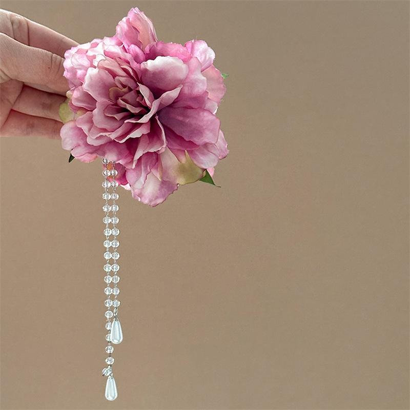 Small Fresh Fabric Double-sided Flower Pearl Fringed Hairpin Sweet Niche Hairpin Shark Clip Hanfu Photo Hair Accessories