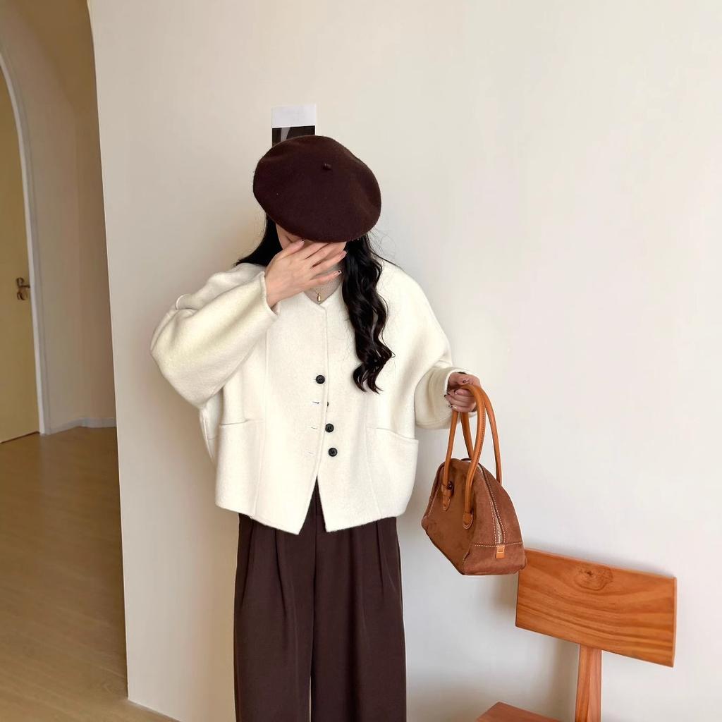 Herbst und Winter Einfarbig Kurz Einreihig Beidseitiger Wollwollmantel für Damen Petite Lässiger Wollmantel