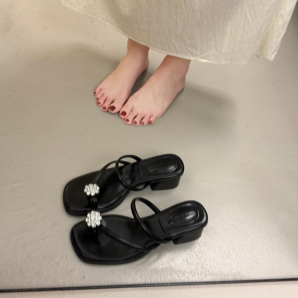 Fashion Hot Selling 2025 New Women's Genuine Leather Thi Heel Slippers Summer Diamond Bule High Heel Toe Post Sandals Korean Sle Casual