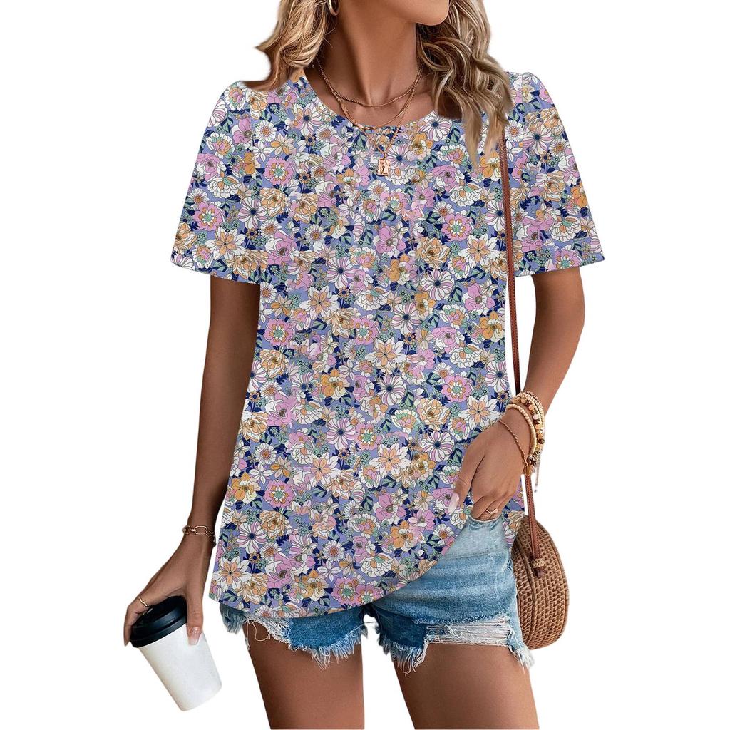 Women's Casual Fashion Round Neck Floral Printed Pleated Short Sleeve T-shirt Top