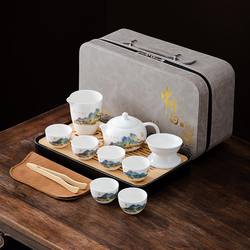 Suet Jade White Porcelain Tea Set Guochao Set Office Storage Kung Fu Tea Set Business Gift Tea Set