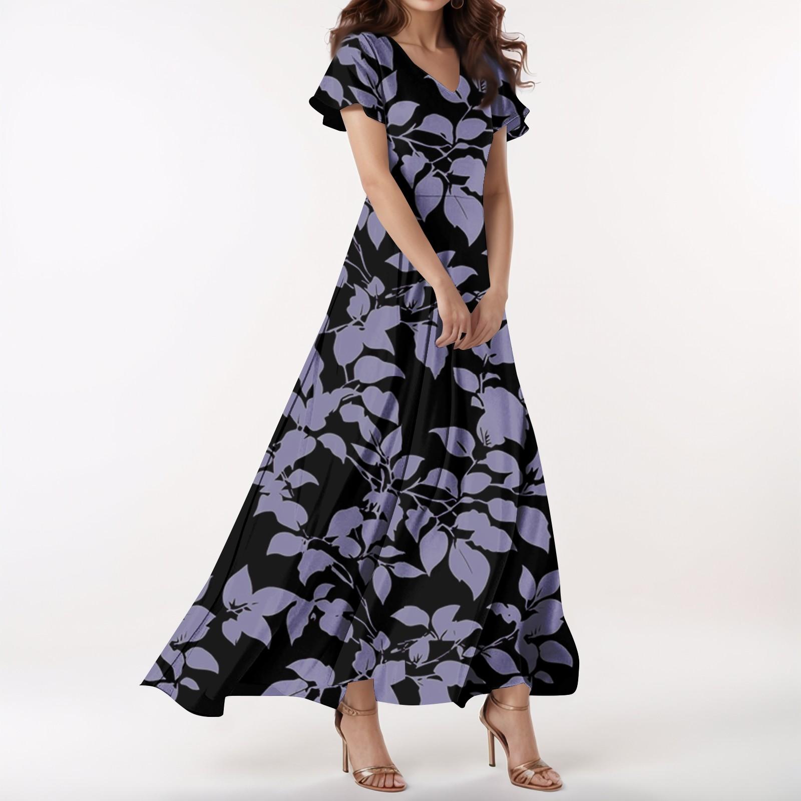 

Women s Casual V-neck Short Sleeve High Waist Retro Flower Leaf Print Dress L
