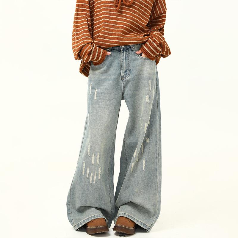 JYL Unisex Wide-Leg Jeans European Ripped Summer  High-Waist Slim Denim 2XL stil де зерна желтого