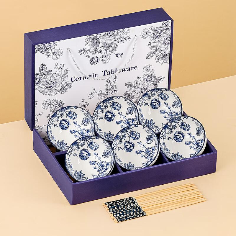 ZISIZ Blue Rose Ceramic Bowl & Chopstick Gift Set