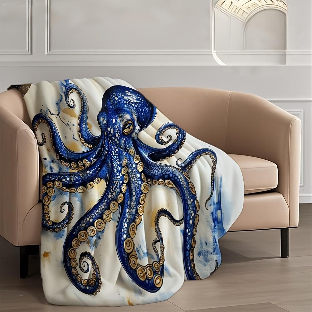 Blue Octopus Sea Creature Art Throw Blanket Ocean Design for Living Room Decor Gift for Her MarineStyle