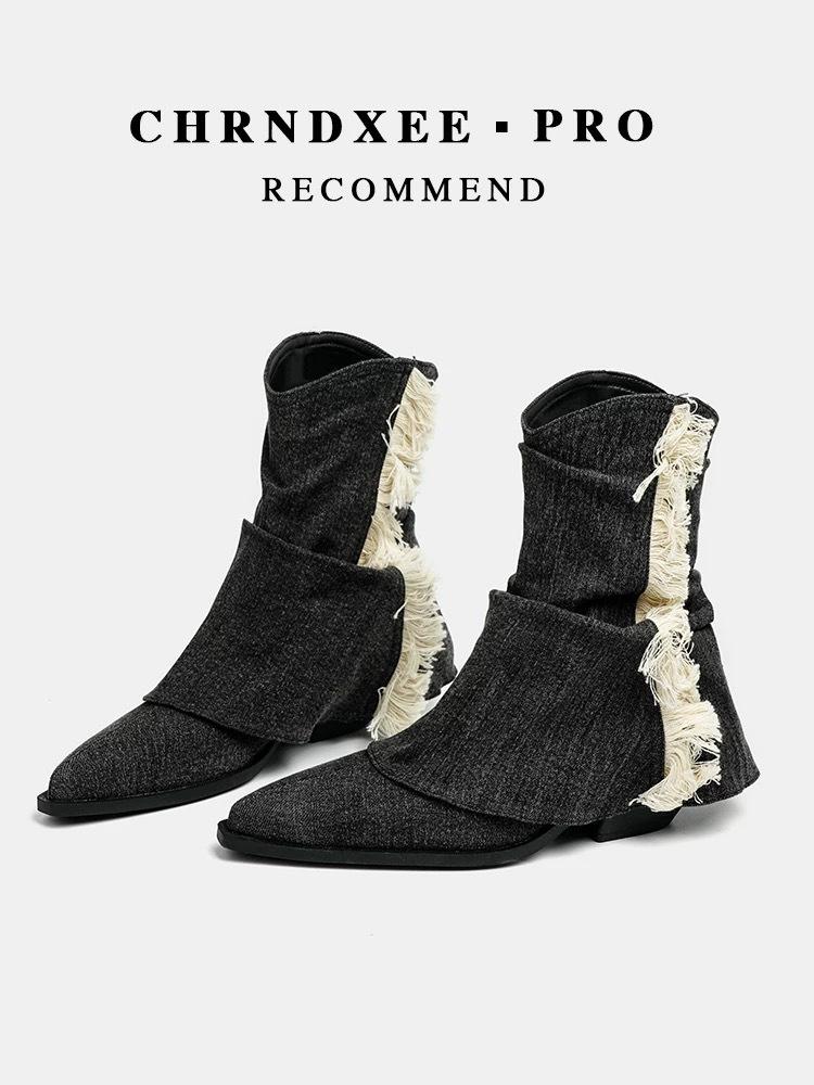 Beginning Series Shu Pants Boots Fried Street Fringed Retro Western Cowboy Boots Piled High Heels Autumn and Winter Pointed Sleeve Short Boots Women