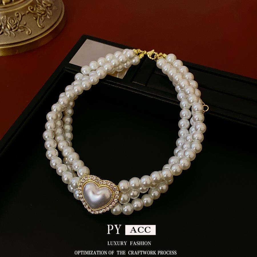 French Retro Rhinestone Pearl Heart Layered Necklace - High-End Clavicle Chain Court Style Jewelry for Women