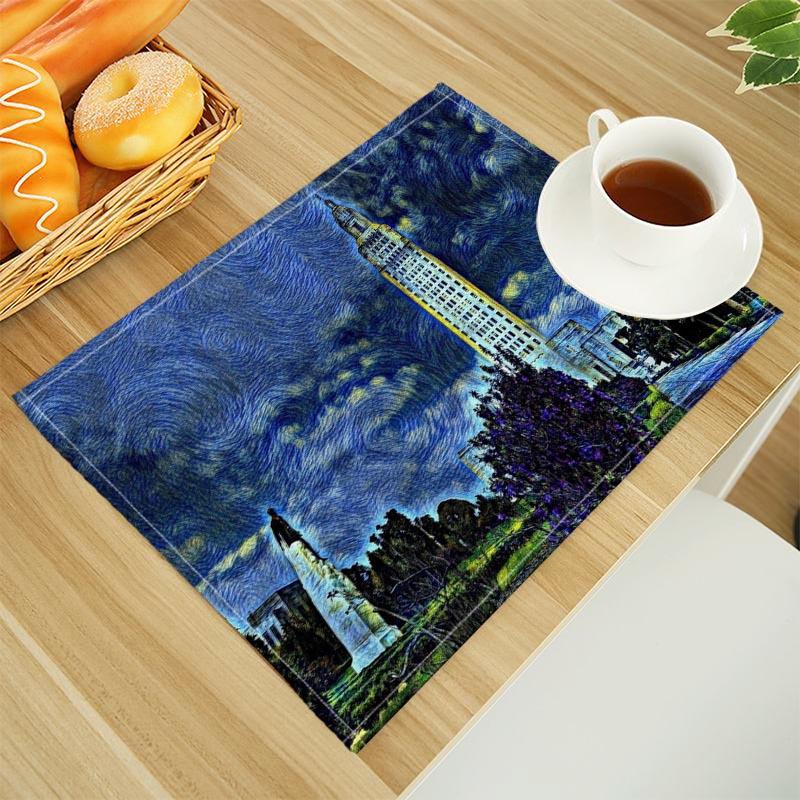 Van Gogh The Starry Night Print Linen Dining Table Mats Alphabet Kitchen Placemat 30X45cm Coasters Pads Bowl Cup Mat