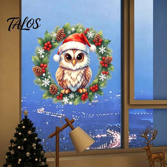 Indoor Winter Scene Decor Christmas Owl Wreath Static Window Cling, Holiday Glass Sticker, Waterproof PVC Film No‑Glue Reusable Decal for Home Shop