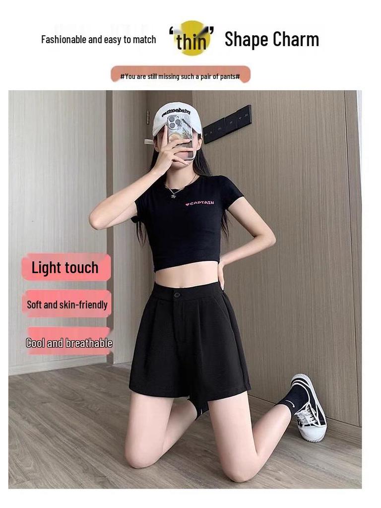 Women's Summer 2025 Black Wide-Leg A-Line High-Waist Elastic Capris Shorts