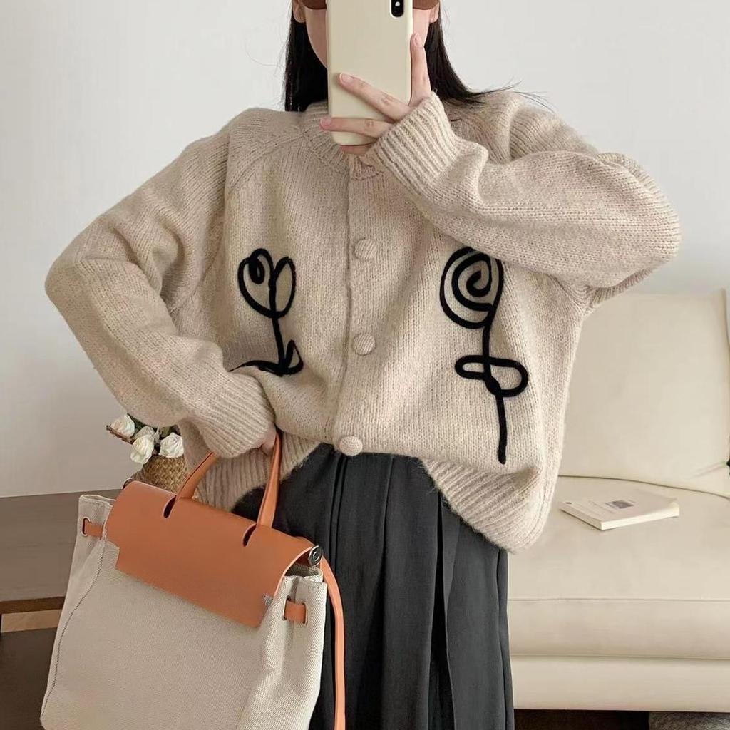 Podzim Zima jednořadý Pletený svetr Krátký kardigan bunda Volný Kulatý výstřih korejská Móda květinové Svetry mládež Ženy