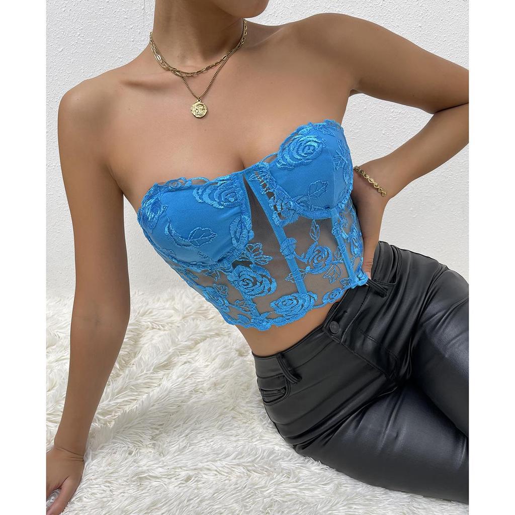 2023 European & American INS Style Lace Mesh Rose Tube Top Vest